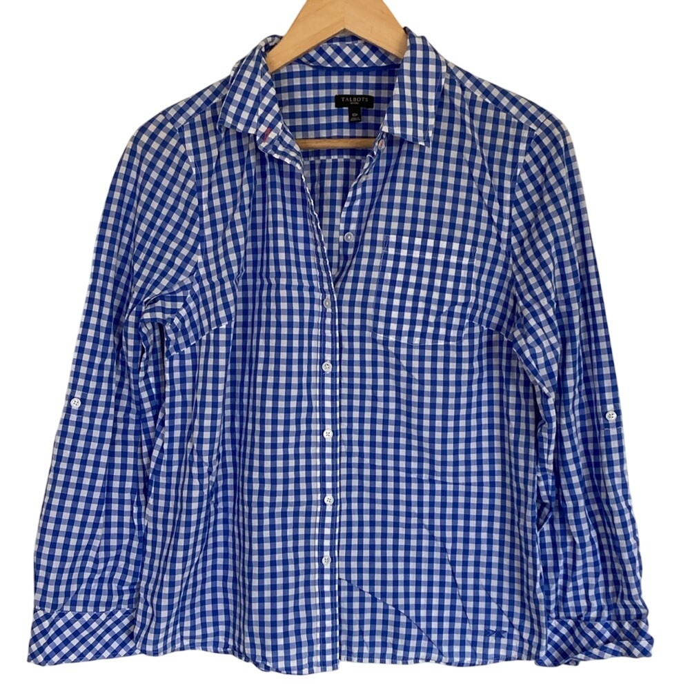 Talbots Womens Blue White Gingham Check Button Down‎ Shirt Size 10P Roll Tab